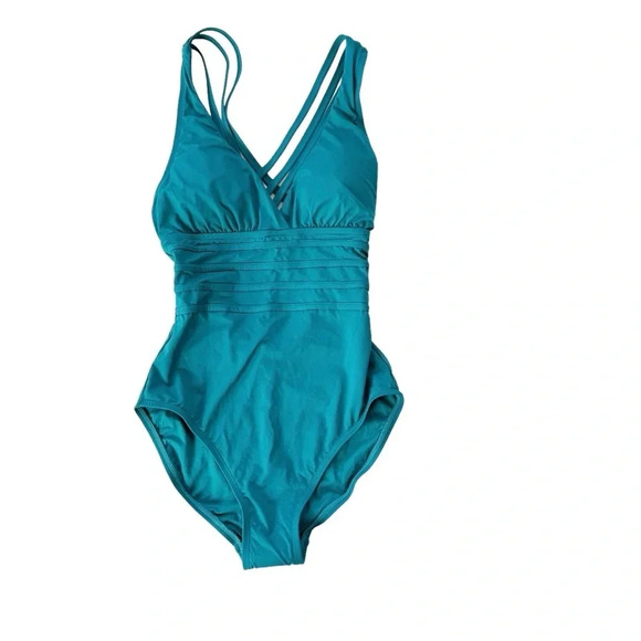 La Blanca Tummy Control Island Goddess One Piece Swimsuit Teal Blue Size 4 NWT - Picture 3 of 10
